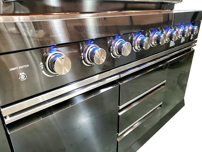 3 Piece 10' Foot Modular Marble Top Black Stainless Steel Outdoor BBQ Kitchen Island Grill, Propane or Natural Gas, with Refrigerator and Sink Modules, 3PMGB