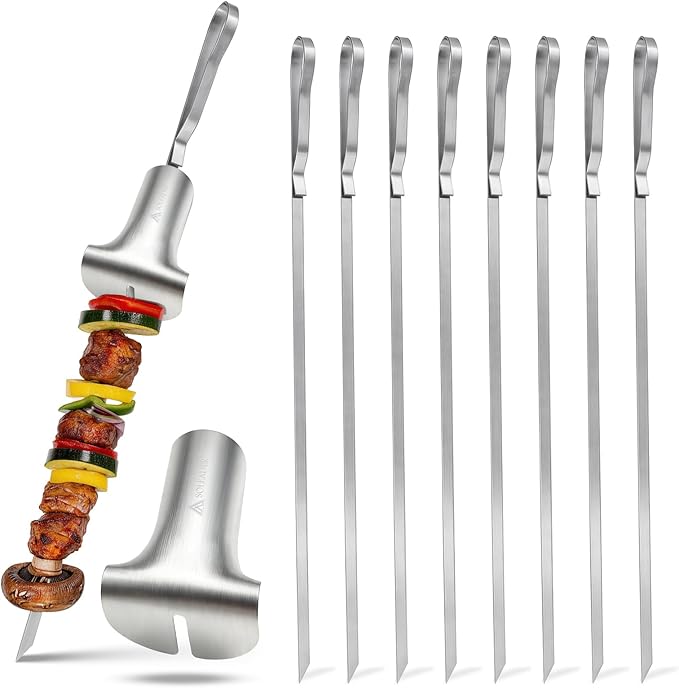 SOLEADER Stainless Steel Skewers for Grilling - 17 Inch Metal Kabob Skewers with Pusher Handle, Dishwasher Safe, for Chicken Beef Shrimp Veggie BBQ & Camping 9-Pack