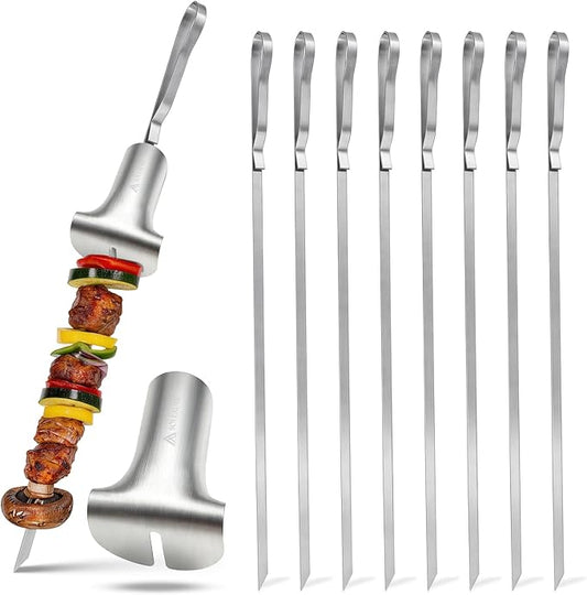 SOLEADER Stainless Steel Skewers for Grilling - 17 Inch Metal Kabob Skewers with Pusher Handle, Dishwasher Safe, for Chicken Beef Shrimp Veggie BBQ & Camping 9-Pack