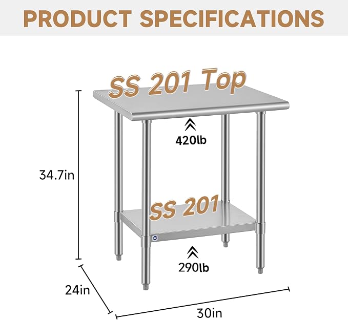 ROCKPOINT All Stainless Steel Table for Perp & Work 24x30 Inch,Commercial Heavy Duty Workbench with Stainless Legs & Adjustable Undershelf, 710 lb Capacity for Restaurant,Home and Outdoor Kitchens
