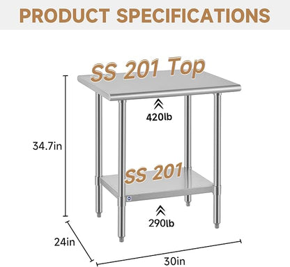 ROCKPOINT All Stainless Steel Table for Perp & Work 24x30 Inch,Commercial Heavy Duty Workbench with Stainless Legs & Adjustable Undershelf, 710 lb Capacity for Restaurant,Home and Outdoor Kitchens