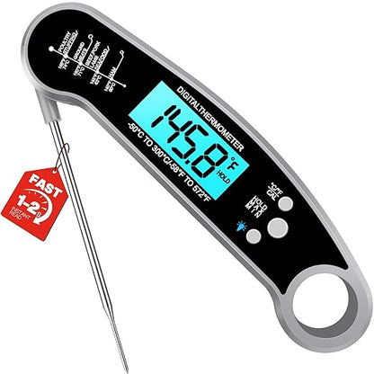 Meat Thermometer Digital – Instant Read Food Thermometer for Grilling, BBQ, Air Fryer, Smoker, Candy Making with Foldable Probe, Kitchen Gadgets, BBQ Essentials, Gift for Dad, Men, Grey