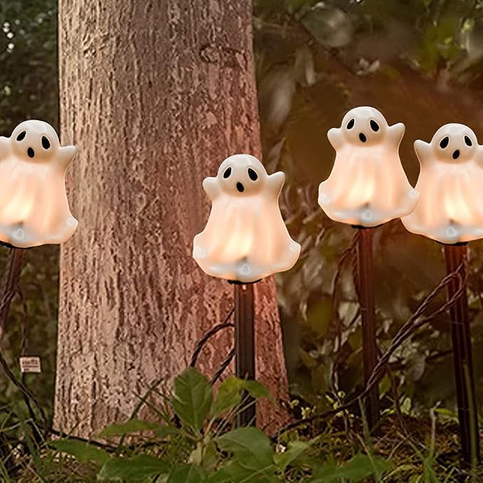 GOOTHY Halloween Ghosts Pathway Marker Lights, 4 White Ghosts with 4 Stakes, 7Ft Extendable Pathway String Lights, Waterproof for Halloween Lawn Walkway Driveway Markers