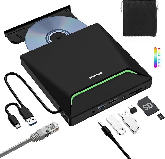 New External CD DVD Drive Cool DVD Burner with Ethernet Adapter USB 3.0 Hub | 3 USB Ports and 2 TF/SD Card Slots, CD DVD Player Reader Writer Optical Disc Drive for Laptop MacBook PC Windows Linux Mac OS