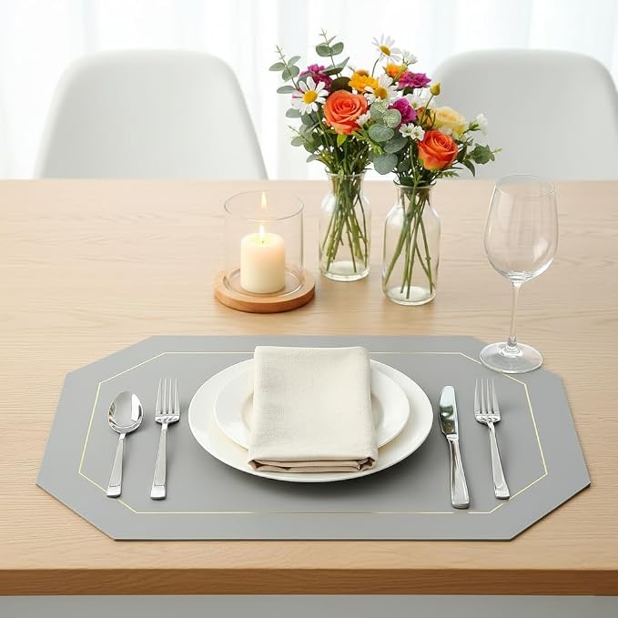 Wipeable Faux Leather Dual Sided Placemats Set of 4,Oil-Proof Table Protective Mats,Heat-Resistant Dining for Kitchen, Indoor Outdoor Use,Grey