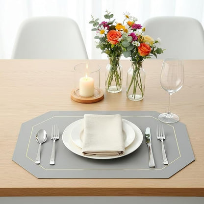 Wipeable Faux Leather Dual Sided Placemats Set of 4,Oil-Proof Table Protective Mats,Heat-Resistant Dining for Kitchen, Indoor Outdoor Use,Grey