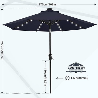 MASTERCANOPY 9FT 8Ribs Patio Umbrella with 32 Solar LED Lights, Outdoor Market Umbrella with Tilt & Crank, UV Protection & Fade Resistant Fabric, Easy Set-Up for Garden, Deck, Pool (Navy Blue)