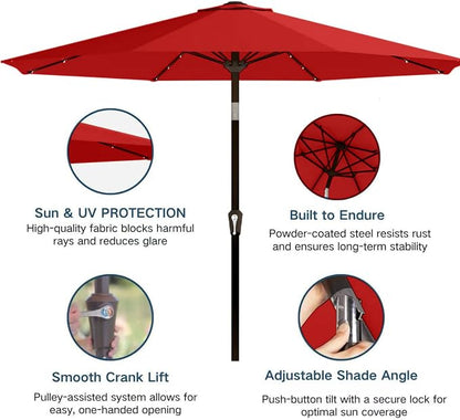 9' Solar LED Patio Umbrella with Tilt & Crank|8 Sturdy Ribs,UV Protection,Outdoor Market Table Umbrella for Deck,Lawn,Pool,Backyard (Red)