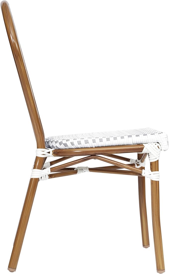 Flash Furniture Lourdes Indoor/Outdoor Commercial Thonet Bistro Stack Chair - White/Gray PE Rattan Back and Seat - Natural Bamboo Print Metal Frame - Set of 2