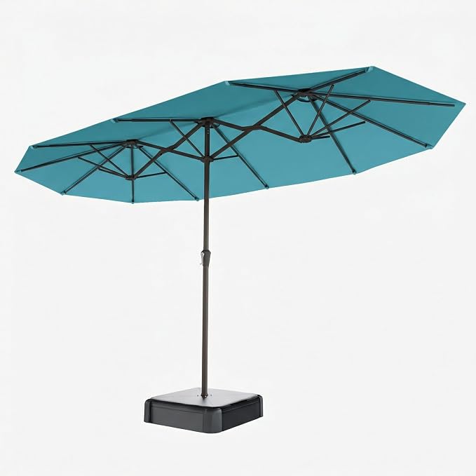 15FT Double Sided Patio Umbrella with Base Included Large Outdoor Market Umbrella with Crank Handle, UV Resistant Canopy, Sturdy Frame for Garden, Poolside, Deck, Sky Blue