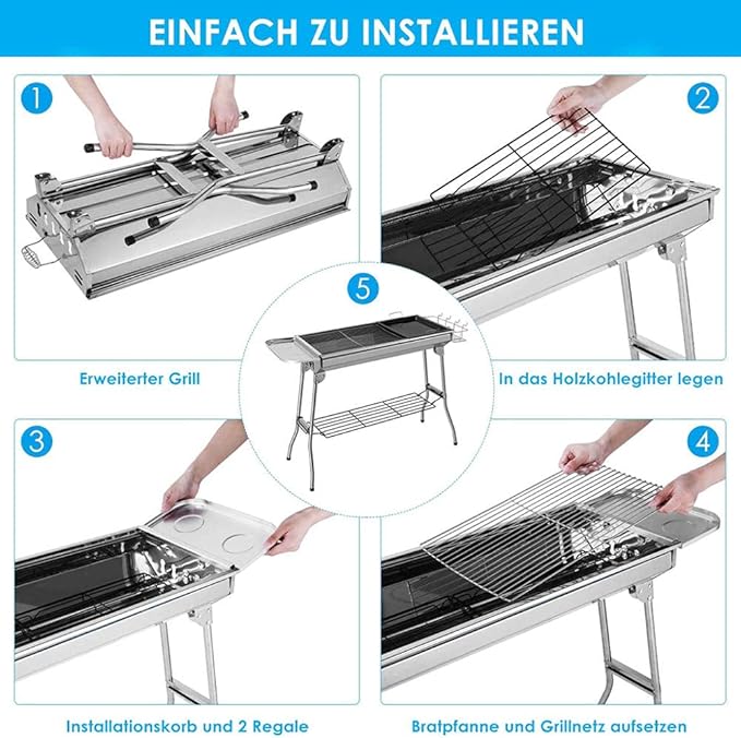 BBQ Grill, Stainless Steel Barbecue Grill Smoker Charcoal BBQ, Folding Portable BBQ for 5-10 Persons Family Garden Outdoor Cooking Hiking Picnics Camping Barbecue Party