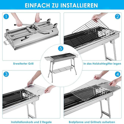 BBQ Grill, Stainless Steel Barbecue Grill Smoker Charcoal BBQ, Folding Portable BBQ for 5-10 Persons Family Garden Outdoor Cooking Hiking Picnics Camping Barbecue Party