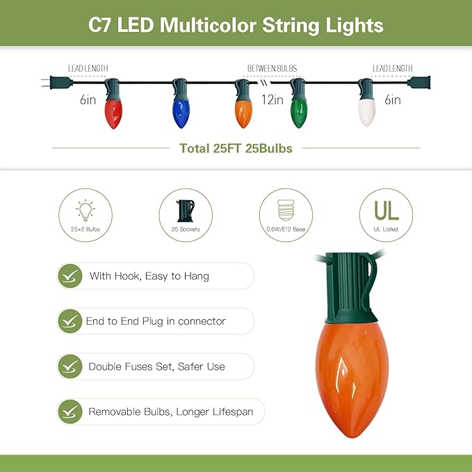 C7 LED Christmas Lights - 25FT Outdoor Multicolor String Lights, Vintage Hanging Decor for Roofline, Xmas Tree, Patio, Holiday Party, Wedding, Green Wire