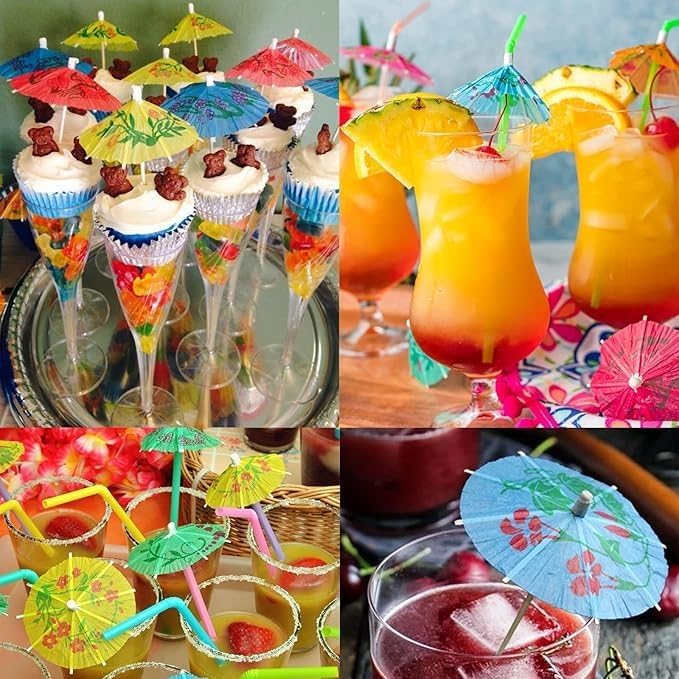 150 PCS Hawaiian Cocktail Appetizer Picks Tropical Toothpicks Party Decorations Drinks Umbrella Bamboo Charcuterie Skewers Flamingo Palm Leaf Pineapple Cactus Sticks Food Luau Hawaii Beach