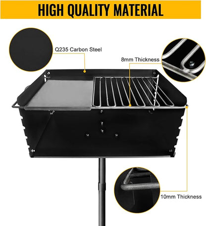 Heavy Duty Park-Style Charcoal Grill, 360° Swivel BBQ Grill with Adjustable Grates and Plate, Rustproof 25x17 Inch Cooking Surface, Perfect for Backyard, Camping, and Commercial Use,Black.