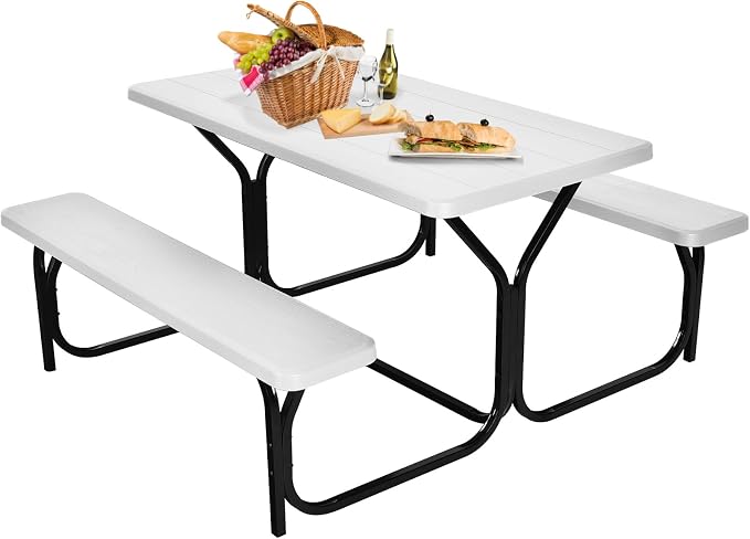 Picnic Table, Outdoor Dining Table with 2 Benches, Wood Grain Tabletop, Heavy Duty Metal Frame, Portable Picnic Table for Outdoors Backyard Garden Lawn Patio Poolside Deck (White)