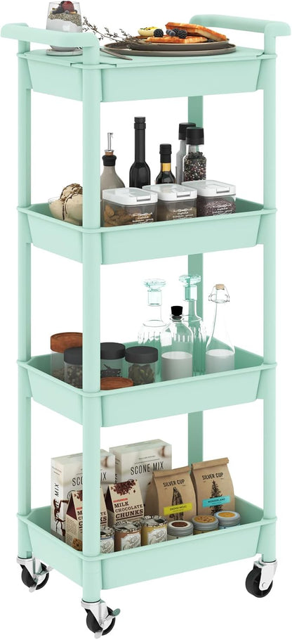 STEEHOOM Utility cart with Tabletop 4 Tier Rolling Cart Organizer with Wheels Movable Storage Cart for Office, Living Room, Kitchen, Craft Room, Green