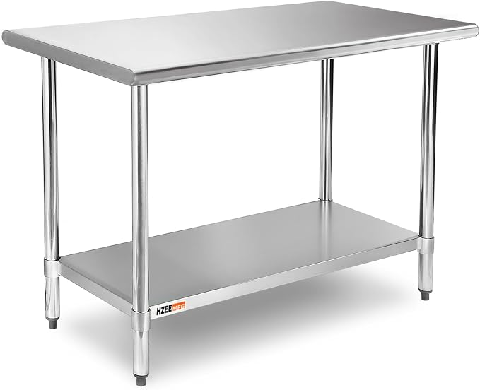 Stainless Steel Prep Table with Undershelf 48x24 Inches 4ft | Heavy Duty Metal Workbench with Adjustable Lower Shelf for Commercial Kitchen Restaurant Laundry Garage Hotel Workshop Chef