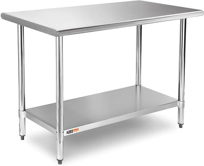 Stainless Steel Prep Table with Undershelf 48x24 Inches 4ft | Heavy Duty Metal Workbench with Adjustable Lower Shelf for Commercial Kitchen Restaurant Laundry Garage Hotel Workshop Chef
