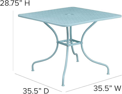 Flash Furniture Oia Commercial Grade 35.5" Square Sky Blue Indoor-Outdoor Steel Patio Table with Umbrella Hole