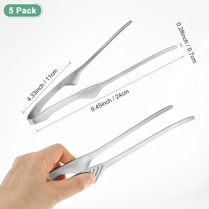 M METERXITY 5 Pcs Korean and Japanese BBQ Tongs 9.5 Inch Barbecue Tongs 304 Stainless Steel Kitchen Self-Standing Grill Non-Slip for Grill/Salad/Camping/Cooking [Silver]