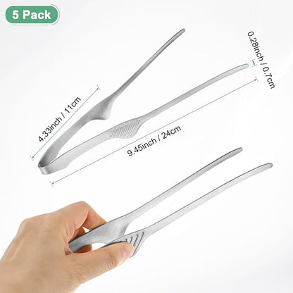 M METERXITY 5 Pcs Korean and Japanese BBQ Tongs 9.5 Inch Barbecue Tongs 304 Stainless Steel Kitchen Self-Standing Grill Non-Slip for Grill/Salad/Camping/Cooking [Silver]