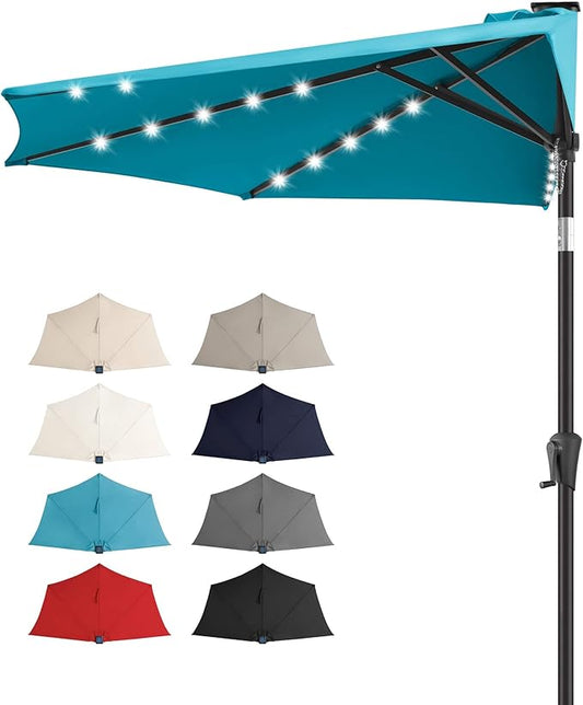 FLAME&SHADE 9 FT Solar Half Patio Umbrella with 25 LED Lights, Half Outdoor Umbrella with Button Tilt, Half Round Table Umbrella For Deck, Backyard, Balconies, Decks, Rvs, UV Protection (Aqua Blue)