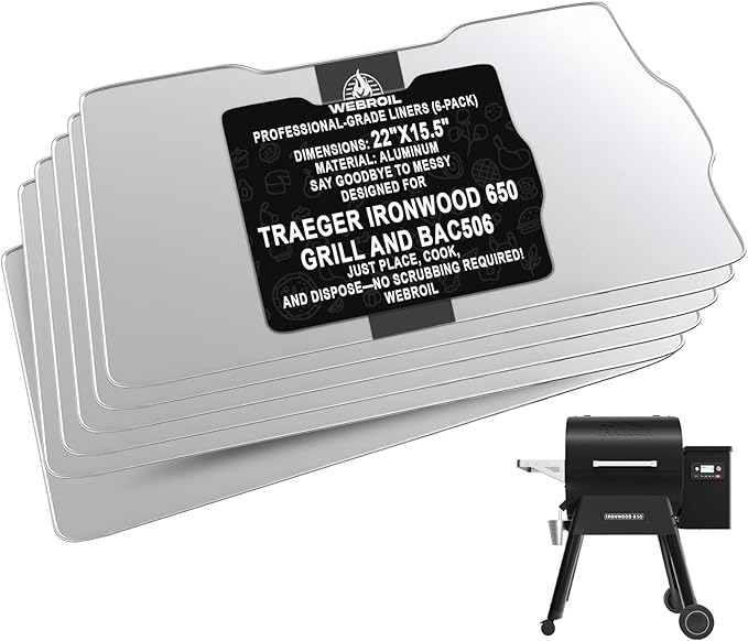 6 Packs BAC506 Drip Tray Liners for Traeger Ironwood 650 Series Grills, Heat-Resistant Foil Liners for Traeger Pellet Smoker Grill Accessories, Aluminum Tray for Catching Grease 22" x 15.5"