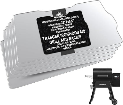 6 Packs BAC506 Drip Tray Liners for Traeger Ironwood 650 Series Grills, Heat-Resistant Foil Liners for Traeger Pellet Smoker Grill Accessories, Aluminum Tray for Catching Grease 22" x 15.5"
