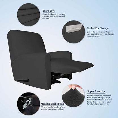 PureFit Stretc Recliner Chair Covers Fleece Soft Couch Covers for Sofa | Dark Gray 4-Pieces Recliner Slipcover Pocket Couch Protector, Fleece Sofa Cover Washable with Non Slip Elastic Bottom