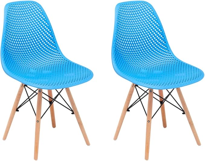 CangLong Dining Mid Century Modern Hollow Back Design Plastic Shell Armless Side Chair with Beech Wood Legs, Set of 2, Blue 1