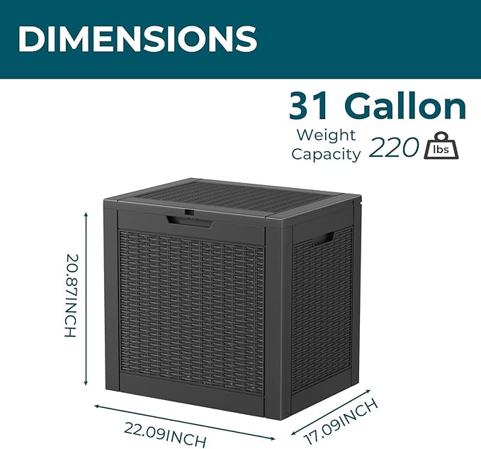 Vixzen 31 Gallon Outdoor Storage Box Waterproof, Lockable Outdoor Deck Box for Patio Cushions, Garden Tools, Pool Supplies (Black, 31 Gallon)