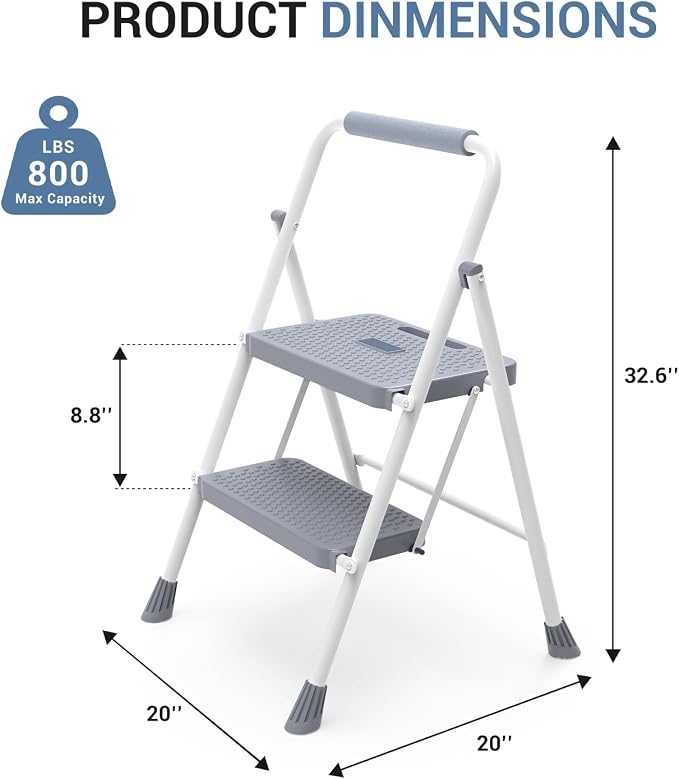 DUMOS 2 Step Ladder, Sturdy Step Stool with Anti-Slip Pedal & Comfortable Handrail, Portable Heavy Duty Stool for Kitchen, Garage & Outdoor, 800lbs, Grey