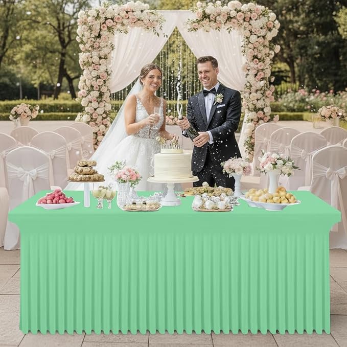 Smiry 2 Pack Spandex Elastic Fitted Table Cloth Skirt for 8FT Table | Stretch Washable Table Cloth, Banquet Table Cover for Wedding, Party, Indoor & Trade Shows, (Bright Green, 96Lx30Wx30H)