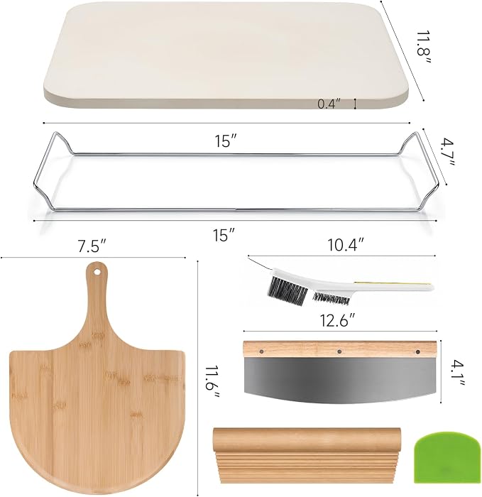 JEETEE Cordierite Pizza Stone Set, 15x12 Inch Baking Stone for Oven & Grill | Rectangular Baking Stone, Crispy Crust Results, For Homemade Pizza & Bread & BBQ, 6PCS Pizza Cooking Stone Set