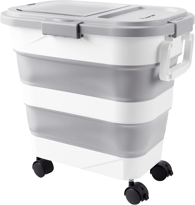 Wood Pellet Storage Container 30-40LB, Airtight Bin with Locking Lid & Clear Window, Collapsible Pellet Bucket with Wheels, Scoop & Labels, Light Gray