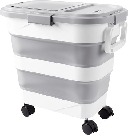 Wood Pellet Storage Container 30-40LB, Airtight Bin with Locking Lid & Clear Window, Collapsible Pellet Bucket with Wheels, Scoop & Labels, Light Gray