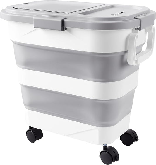Wood Pellet Storage Container 30-40LB, Airtight Bin with Locking Lid & Clear Window, Collapsible Pellet Bucket with Wheels, Scoop & Labels, Light Gray