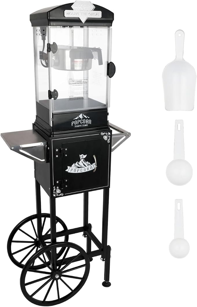 10 Oz Nostalgia Professional Popcorn Maker Cart, Mobile Popcorn Maker with Simple One-Touch & 3 Spoons, Movie Night Supplies for Home, Red