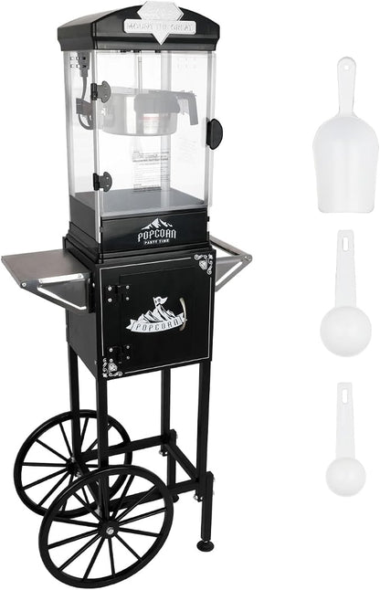 10 Oz Nostalgia Professional Popcorn Maker Cart, Mobile Popcorn Maker with Simple One-Touch & 3 Spoons, Movie Night Supplies for Home, Red