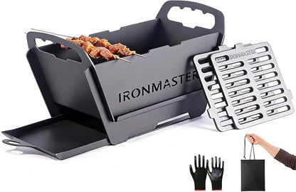 Portable Foldable Hibachi Grill, Heavy Duty & Durable, Small Charcoal Grill for Outdoor Camping Yakitori - w/Cast Iron Cooking Grate 11.5" x 5.5"