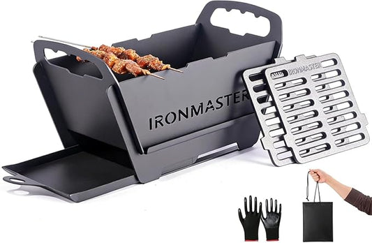Portable Foldable Hibachi Grill, Heavy Duty & Durable, Small Charcoal Grill for Outdoor Camping Yakitori - w/Cast Iron Cooking Grate 11.5" x 5.5"