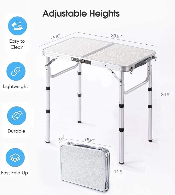 YUFIFAIRY Small Folding Table Portable, 24" L x16 W Foldable Camp Table | Lightweight Aluminum Folding Camping Table with Storage Net for Indoor Outdoor Cooking Picnic, 3 Adjustable Height Max 27.5"