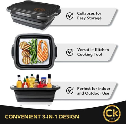 New XL Collapsible BBQ Prep Tub with LOCKING Lid, Cutting Board & Drain Hole | BPA-Free, Food-Grade, Space-Saving Prep Tubs for Marinating, Grilling, Camping & Outdoor Cooking (Black, 16L)