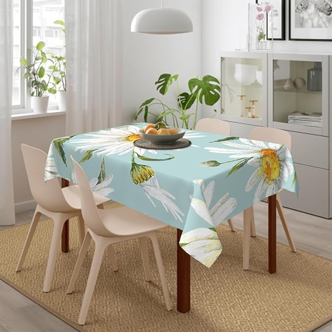 Decorative Rectangle Table Cloths Watercolor Floral Daisy White Chamomile Plant Green Tablecloth Table Cover for Dining/BBQ/Picnic/Coffee Table 52 X 70 Inches