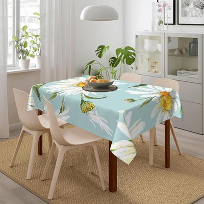Decorative Rectangle Table Cloths Watercolor Floral Daisy White Chamomile Plant Green Tablecloth Table Cover for Dining/BBQ/Picnic/Coffee Table 52 X 70 Inches