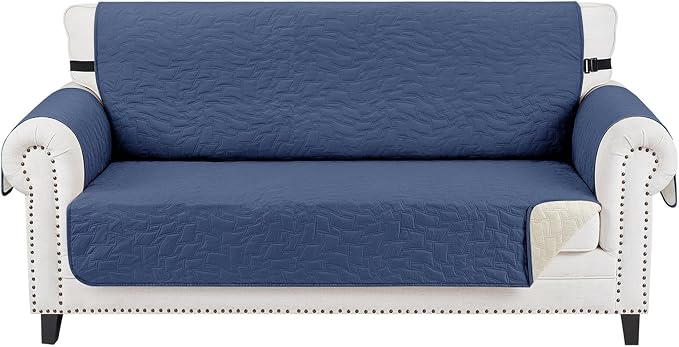 CUCRAF Non Slip Quilted Sofa Cover, Water Resistant Slipcover Furniture Protector for 2 Cushion Sofa Pet Friendly, Washable Couch Cover with Adjustable Elastic Straps (Medium-XL Loveseat, Dark Blue)