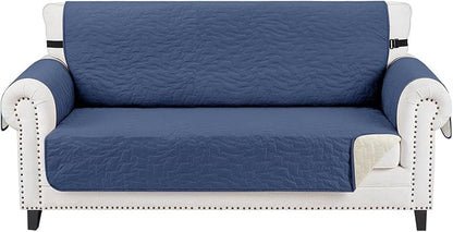 CUCRAF Non Slip Quilted Sofa Cover, Water Resistant Slipcover Furniture Protector for 2 Cushion Sofa Pet Friendly, Washable Couch Cover with Adjustable Elastic Straps (Medium-XL Loveseat, Dark Blue)