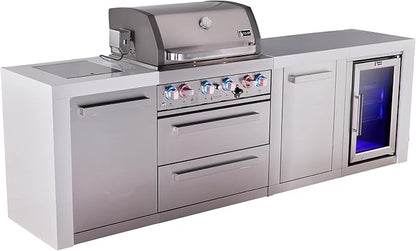 Mont Alpi Premium 107"W Deluxe Stainless Steel Modular Outdoor Kitchen Island with Refrigerator + Side Burner + 32"W 4-Burner BBQ Gas Grill + White Granite Countertops + Storage Cabinets and Drawers