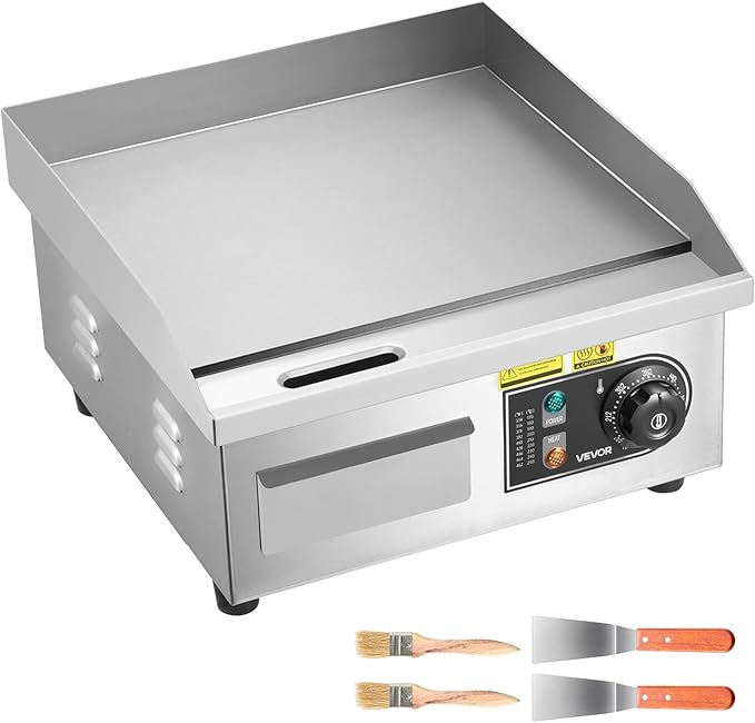 VEVOR 14" Commercial Electric Griddle,110V 1500W Electric Countertop Griddle Non-Stick Restaurant Teppanyaki flat top Grill Stainless Steel 122°F-572°F Adjustable Temperature Control(No Plug)
